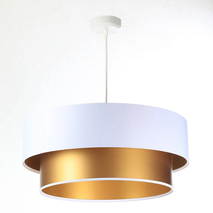 Suspension luminaire moderne deux niveaux blanc avec bague intérieure dorée et finitions métalliques élégantes