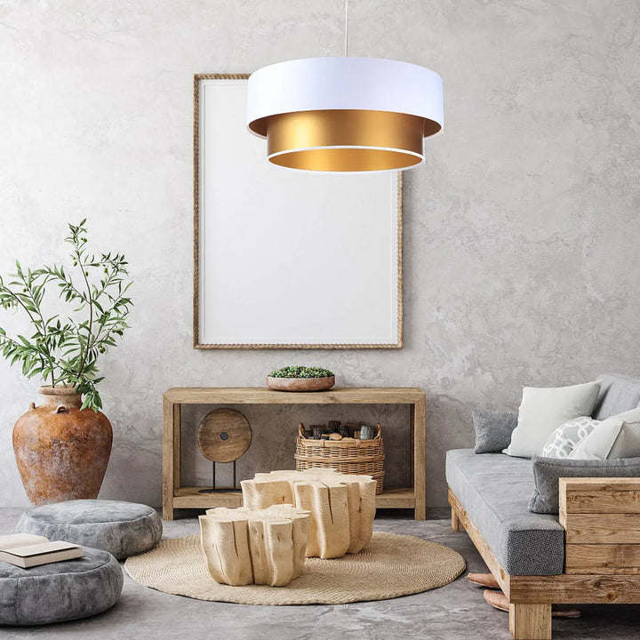Suspension luminaire moderne duo blanc avec anneau doré suspendu au plafond pour un éclairage élégant