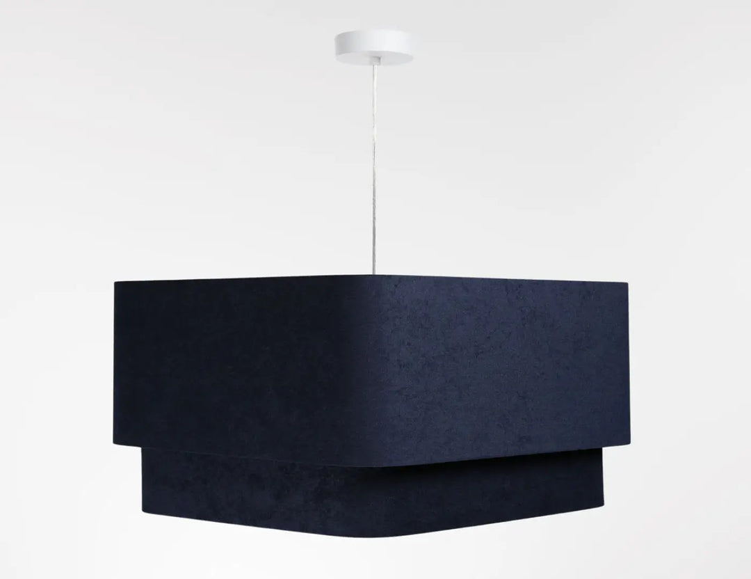 Suspension luminaire moderne en velours bleu marine avec design rectangulaire en tiers et fixation minimaliste blanche au plafond
