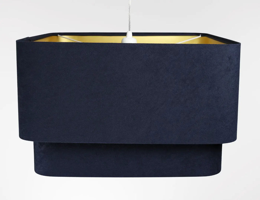 Suspension luminaire moderne kwadro duo velour en bleu marine avec abat-jour rectangulaire en velours et intérieur doré