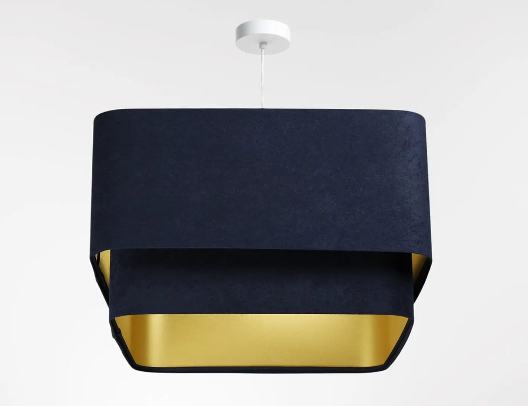 Suspension luminaire moderne kwadro duo velour bleu marine en velours avec intérieur doré et fixation plafond blanc