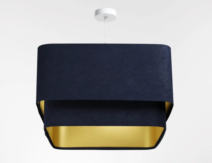 Suspension luminaire moderne kwadro duo velour bleu marine en velours avec intérieur doré et fixation plafond blanc