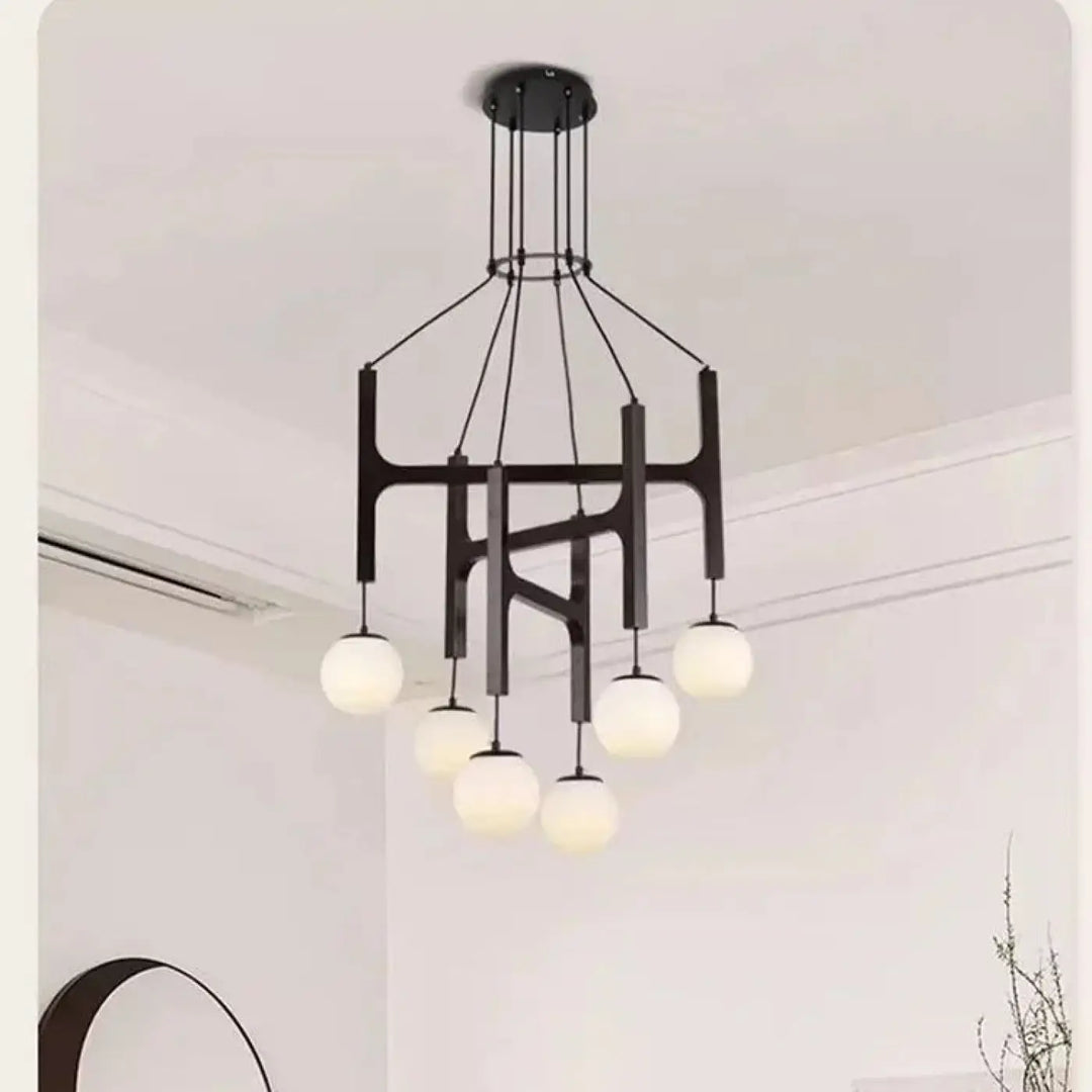 Suspension luminaire gradia en métal noir avec six globes en verre dépoli pour un besoin d’ouvrir lumineux élégant