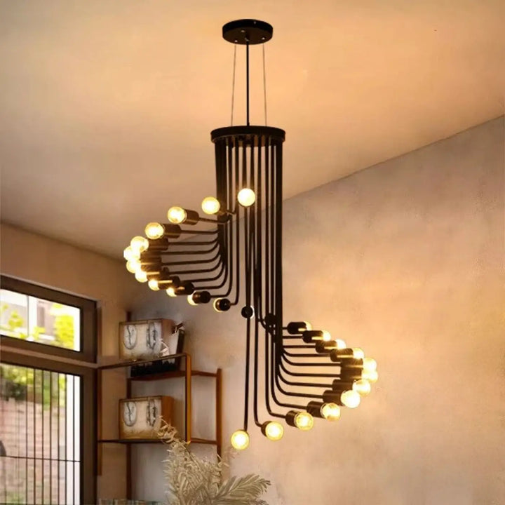 Suspension luminaire temppia en métal noir avec corps de lampe en métal principal et matériau auxiliaire, spirale et ampoules lumineuses multiples