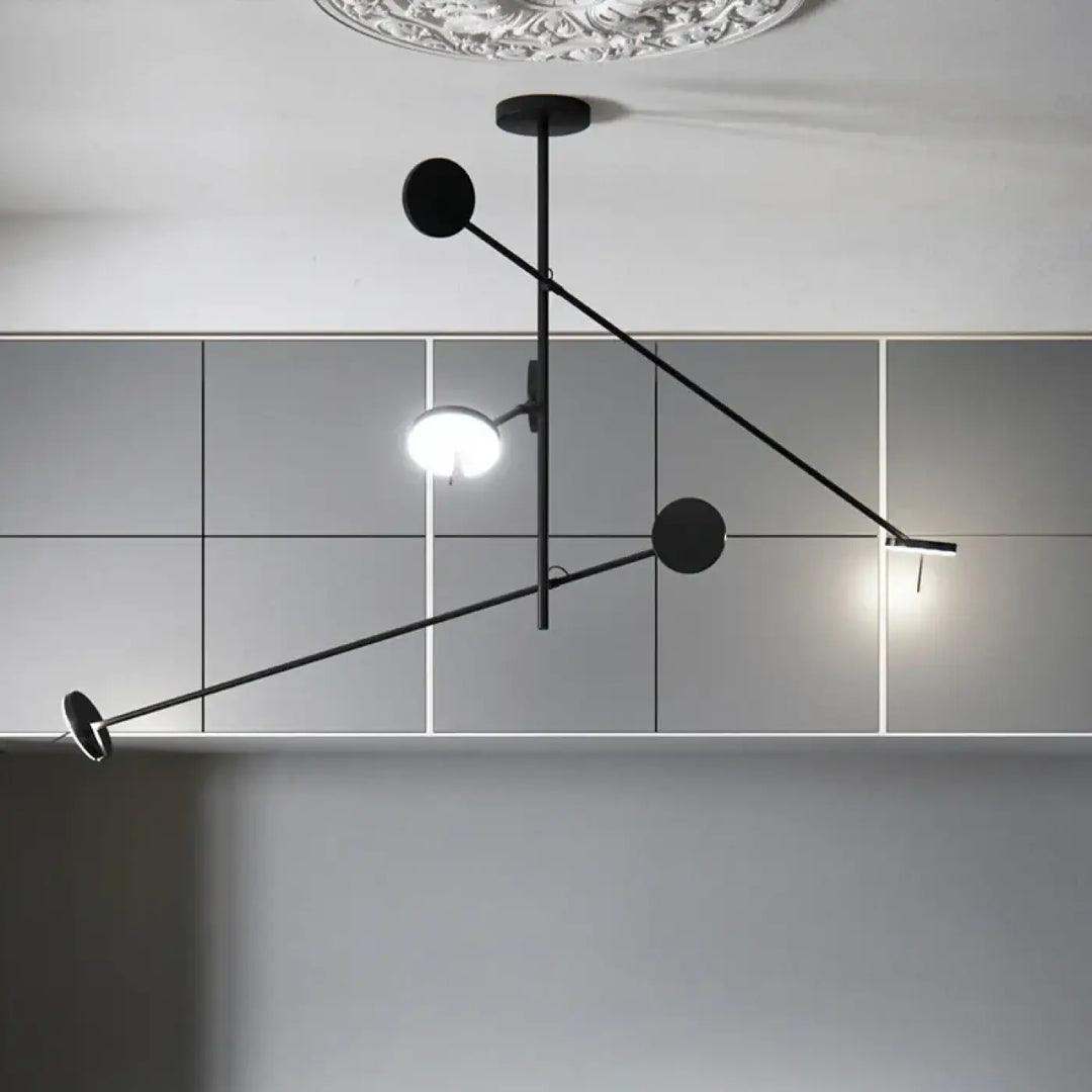 Suspension luminaire krosso noir minimaliste avec bras articulés et accents circulaires pour éclairage moderne