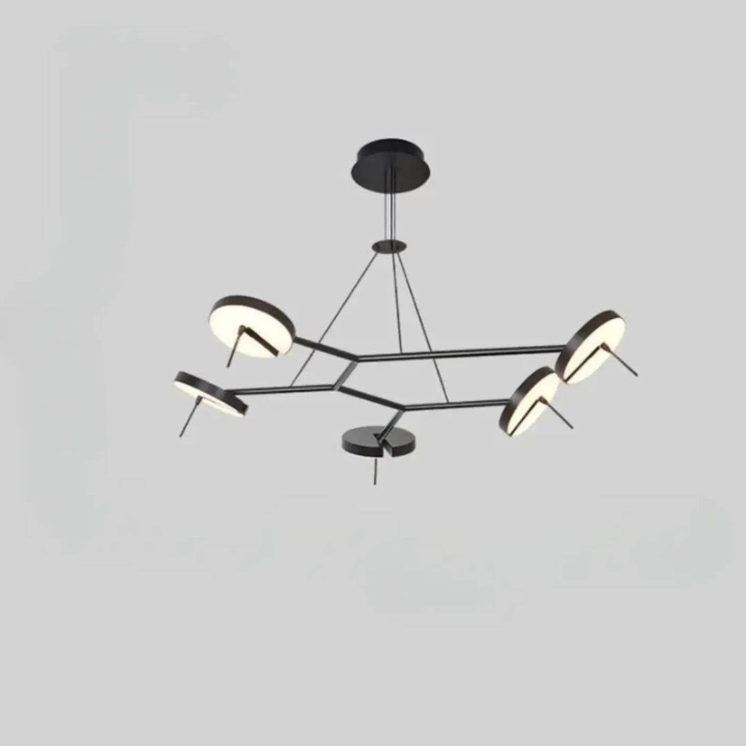 Suspension luminaire krosso en métal noir moderne avec cinq luminaires circulaires lumineux en design ramifié