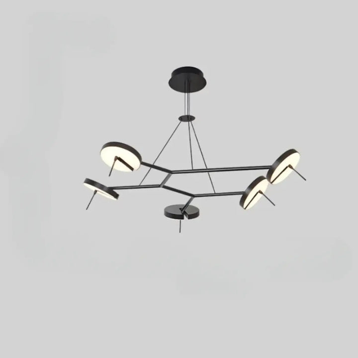 Suspension luminaire krosso en métal noir moderne avec cinq luminaires circulaires lumineux en design ramifié