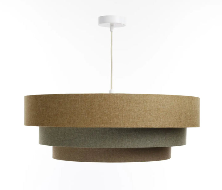 Suspension luminaire moderne triniti boho elegant avec trois abat-jours concentriques brun sable en tissu texturé