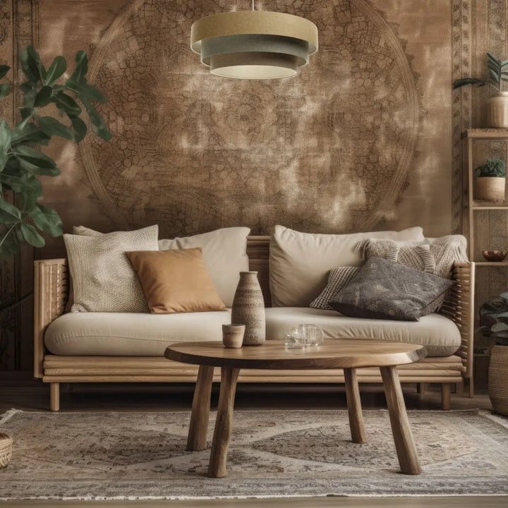 Suspension luminaire moderne triniti boho elegant avec canapé en rotin brun sable et coussins beige terreux