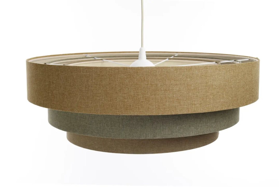 Suspension luminaire moderne triniti boho élégant avec abat-jour en tissu texturé brun sable et écru beige vert doux