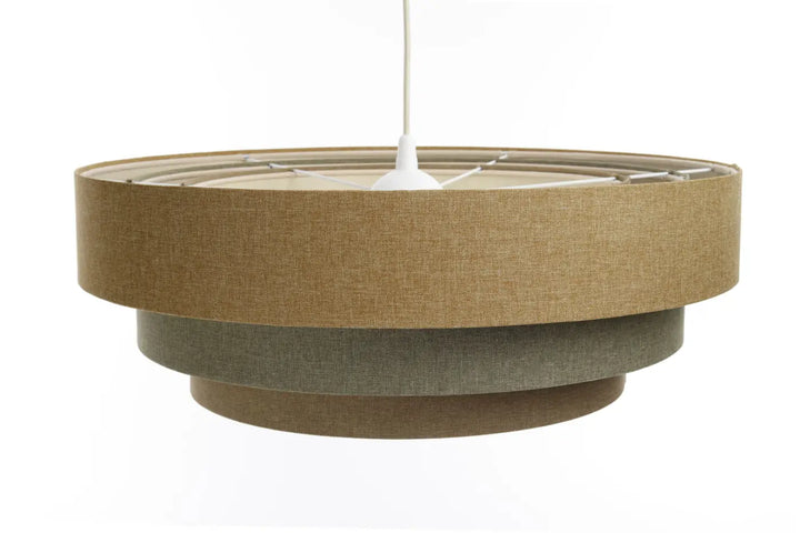 Suspension luminaire moderne triniti boho élégant avec abat-jour en tissu texturé brun sable et écru beige vert doux