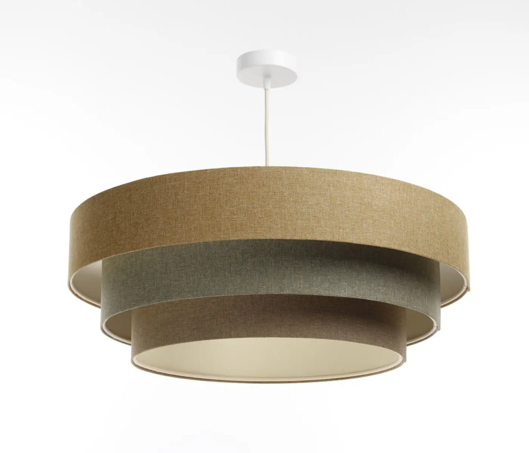 Suspension luminaire moderne triniti boho elegant avec trois abat-jours circulaires concentriques en brun sable texturé