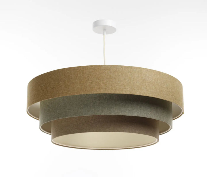Suspension luminaire moderne triniti boho elegant avec trois abat-jours circulaires concentriques en brun sable texturé