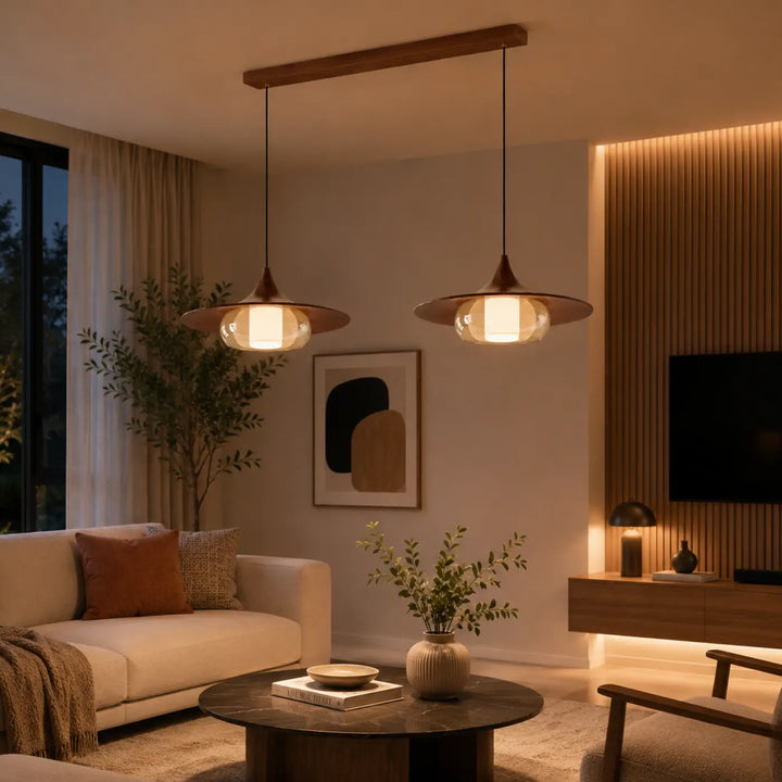 Suspension luminaire aurea avec verre et bois effet cuivre suspension luminaire contemporaine au-dessus d’une table basse