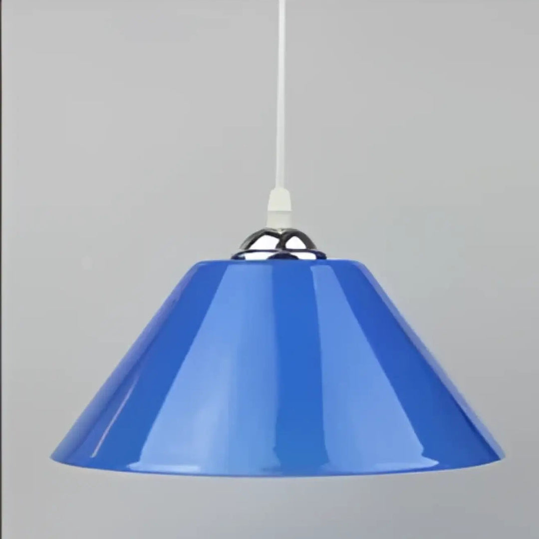 Suspension luminaire delta forme conique bleue avec fixation metal chrome et corde blanche pour décoration intérieure