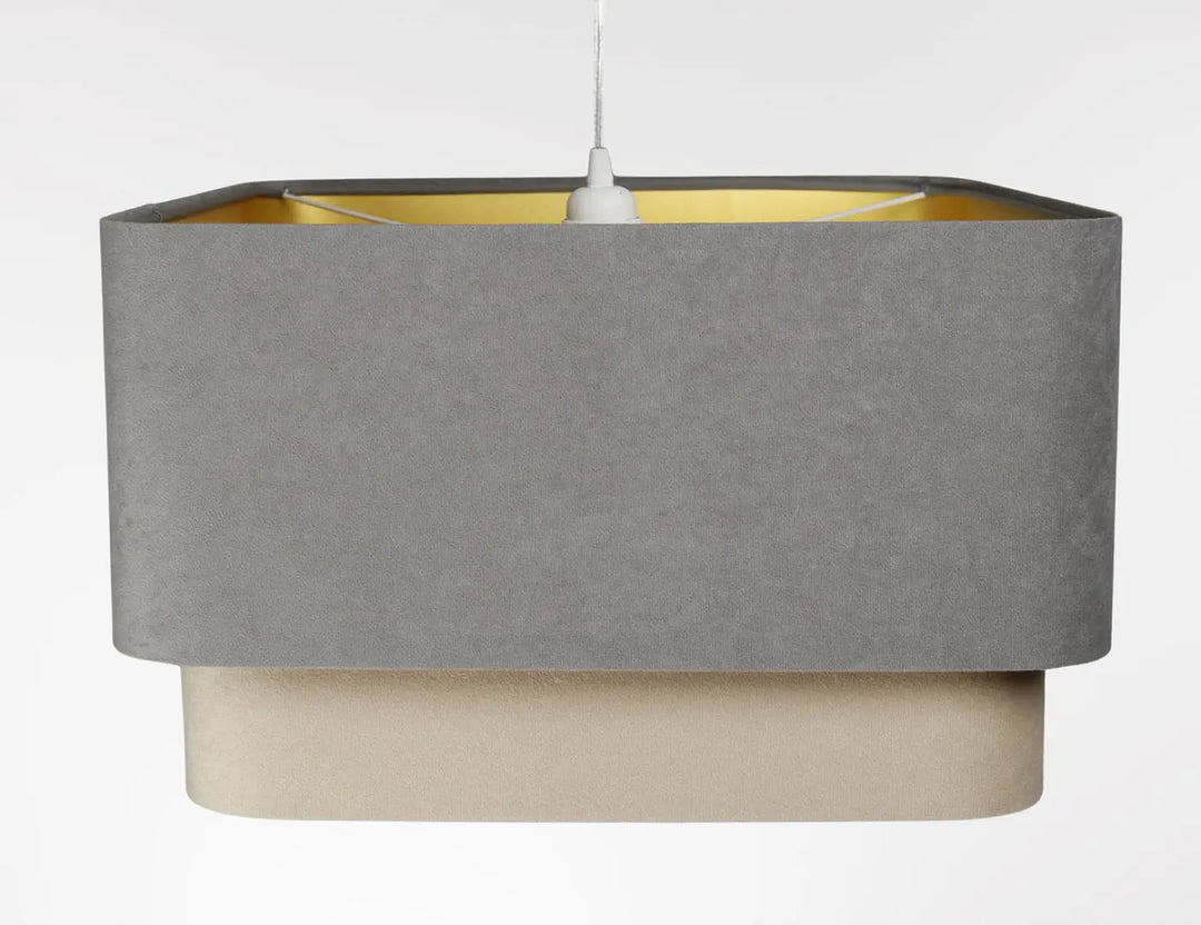 Suspension luminaire moderne kwadro duo avec abat-jour gris texturé et intérieur beige jaune contrastant