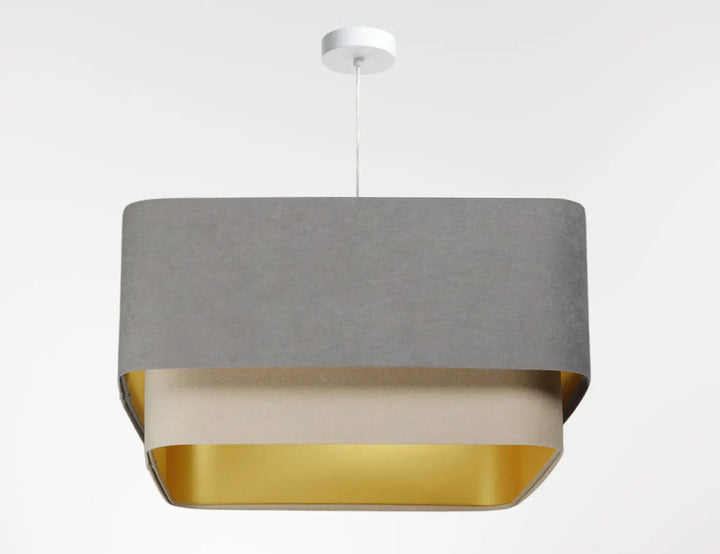 Suspension luminaire moderne kwadro duo gris beige avec abat-jour rectangulaire en tissu texturé et doublure dorée