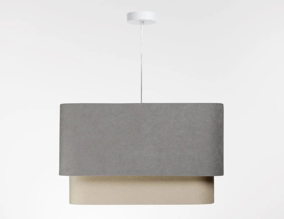 Suspension luminaire moderne kwadro duo avec abat-jour gris mat et beige suspendu par cordon blanc fin