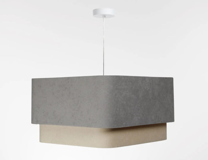 Suspension luminaire moderne kwadro duo avec double abat-jour en béton gris mat et beige clair suspendue par cordon blanc