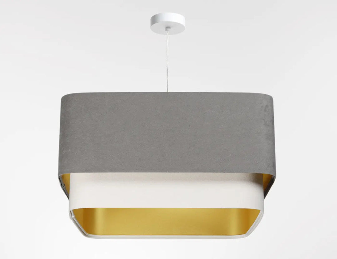 Suspension luminaire kwadro duo gris et blanc avec abat-jour rectangulaire moderne en velours gris et intérieur blanc or