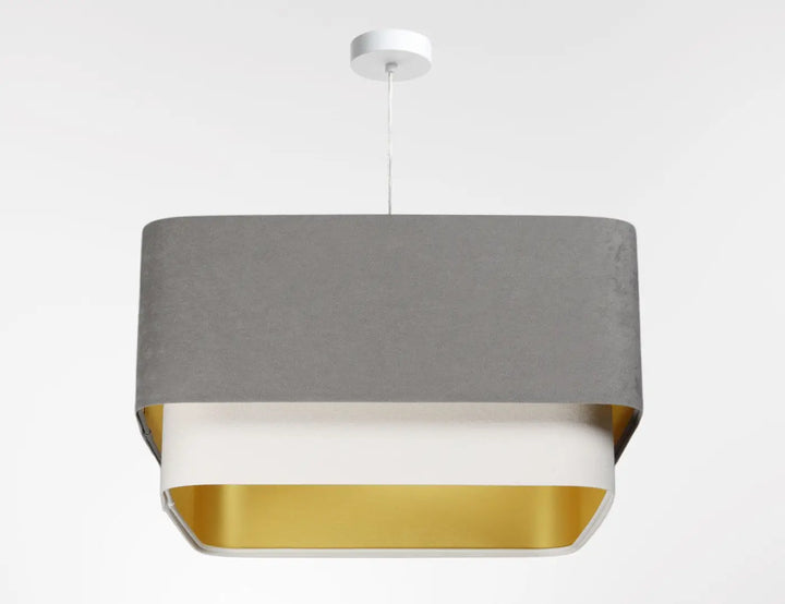 Suspension luminaire kwadro duo gris et blanc avec abat-jour rectangulaire moderne en velours gris et intérieur blanc or