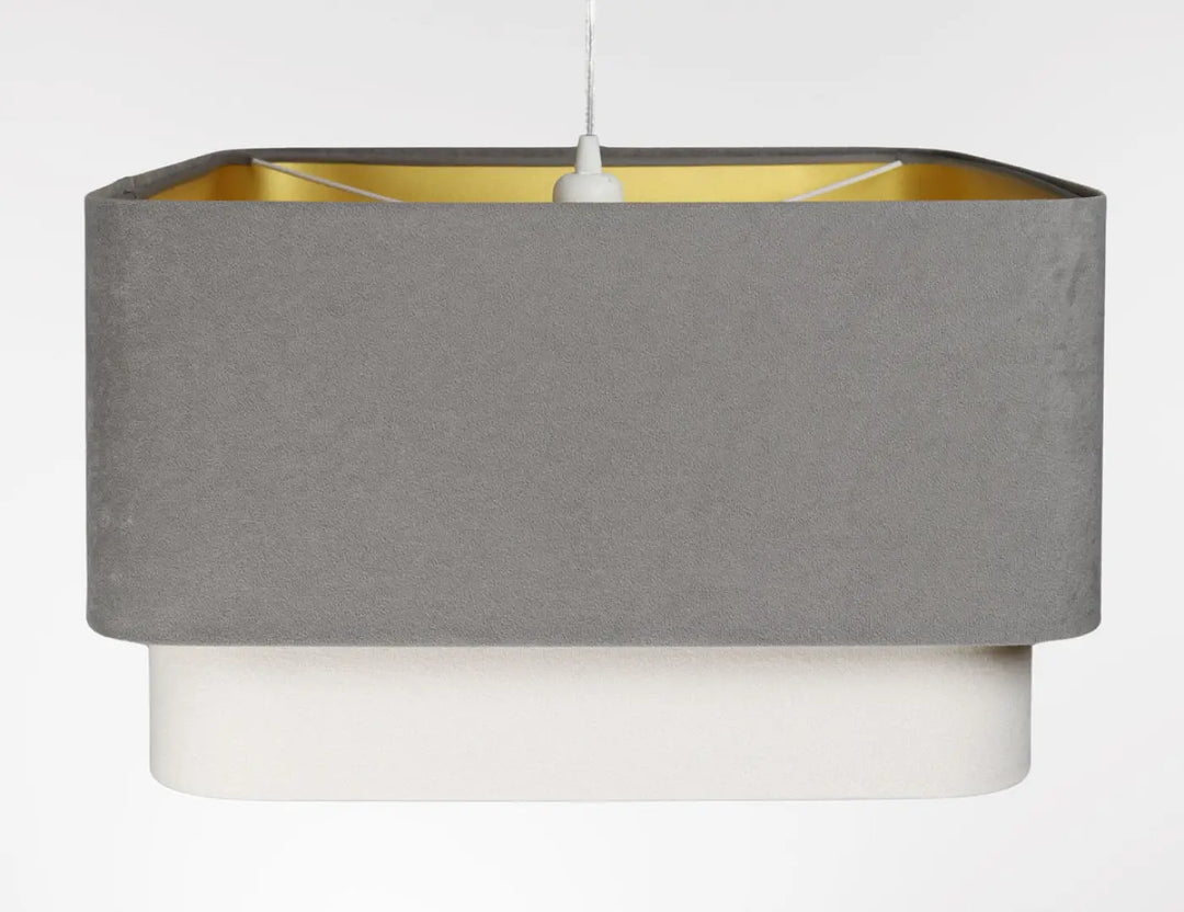 Suspension luminaire moderne kwadro duo avec abat-jour en tissu gris texturé et intérieur jaune suspendu par cordon blanc