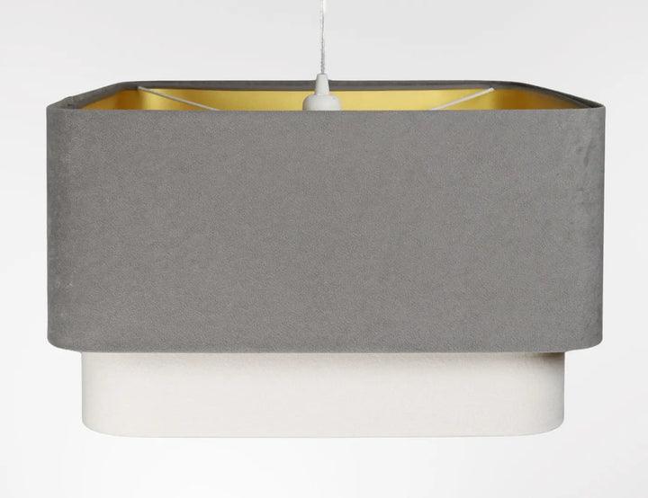 Suspension luminaire moderne kwadro duo avec abat-jour en tissu gris texturé et intérieur jaune suspendu par cordon blanc
