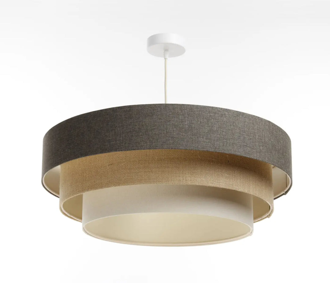 Suspension luminaire triniti boho élégant avec trois abat-jours concentriques en tissu marron, beige et crème texturé