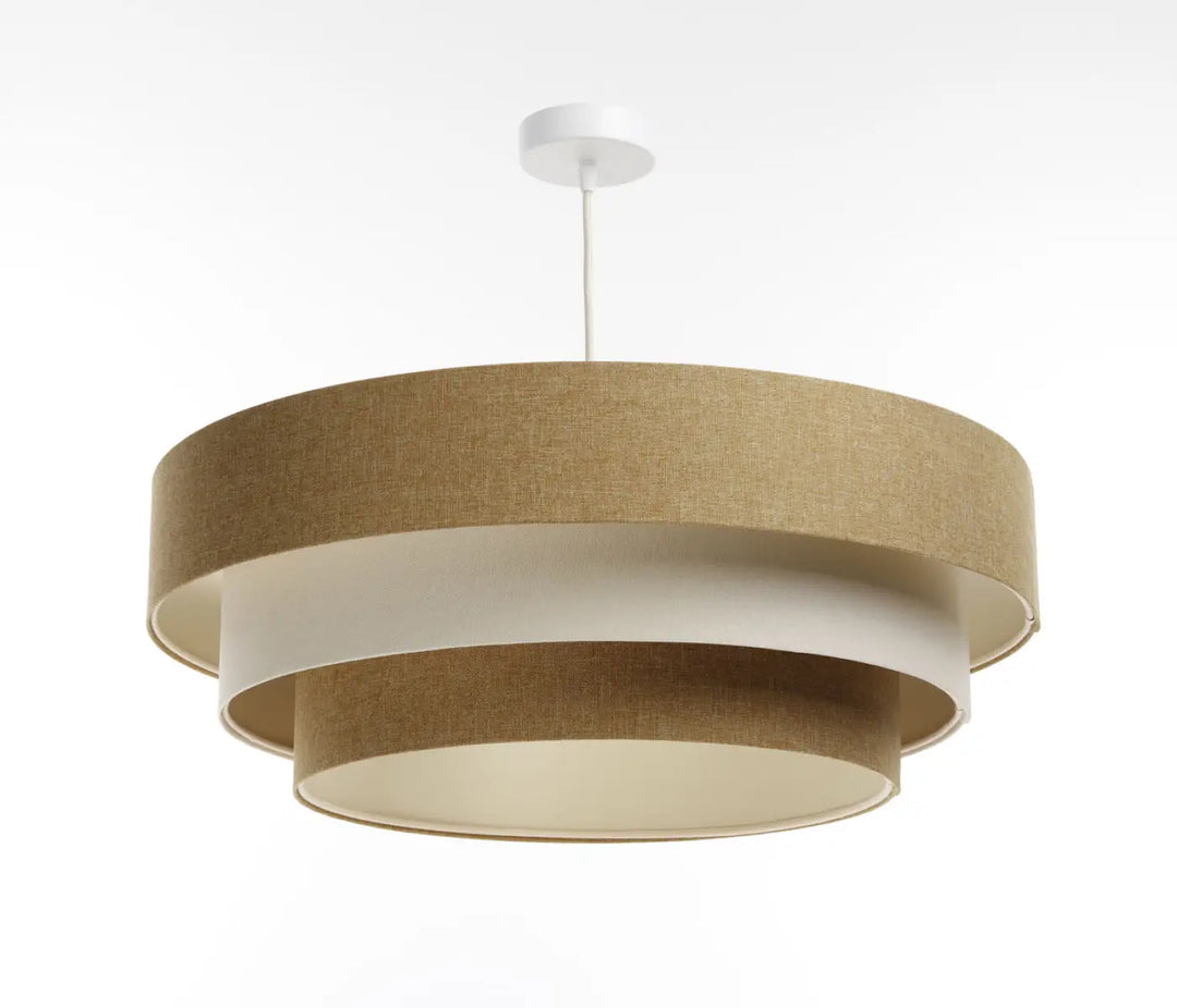 Suspension luminaire moderne triniti boho elegant avec abat-jour en tissu beige texturé et anneaux intérieurs blancs