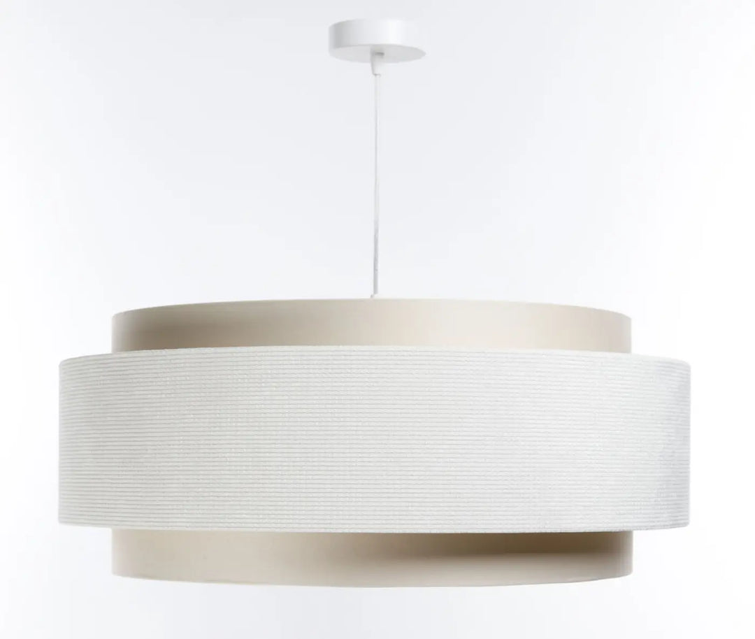 Suspension luminaire moderne doblo classic en tissu crème à deux niveaux avec anneaux beige et cordon blanc fin