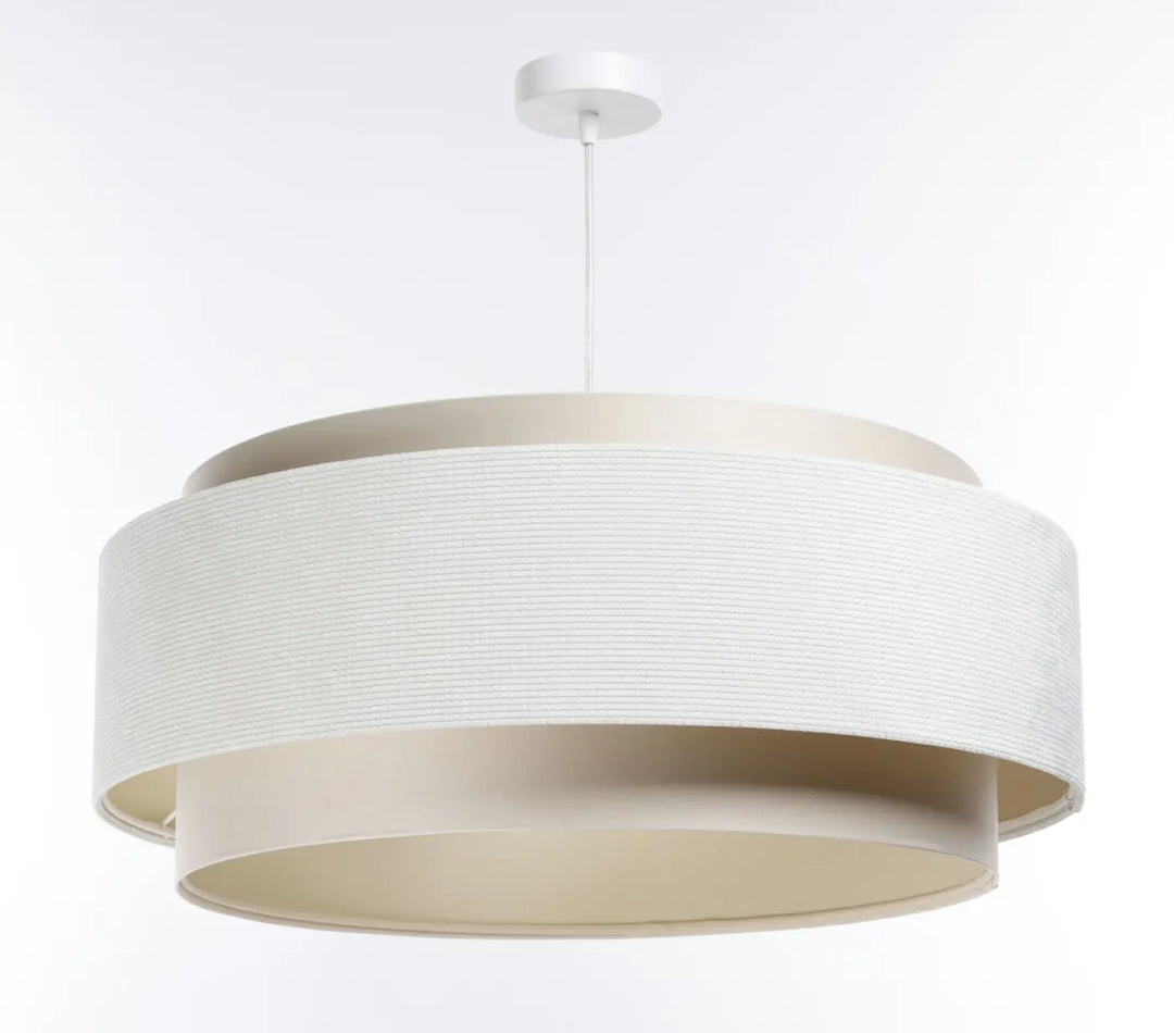 Suspension luminaire moderne doblo classic tissu crème avec abat-jour texturé blanc et anneaux beiges lisses