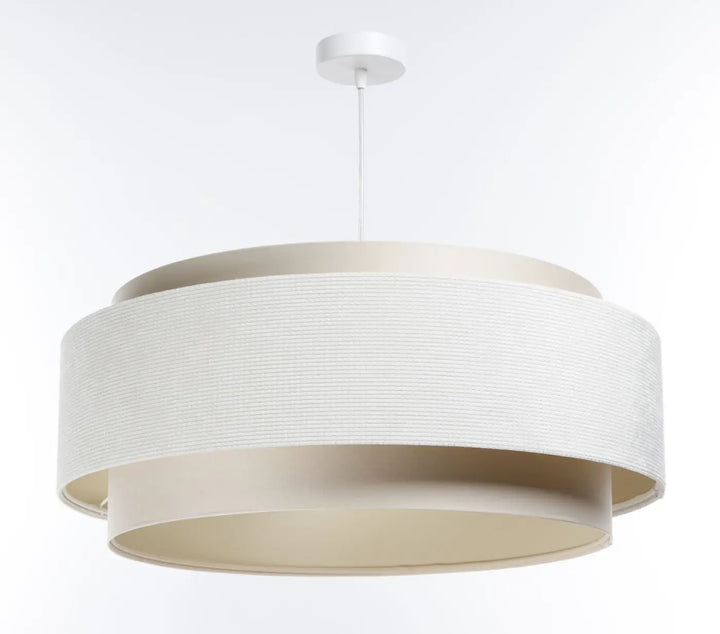Suspension luminaire moderne doblo classic tissu crème avec abat-jour texturé blanc et anneaux beiges lisses