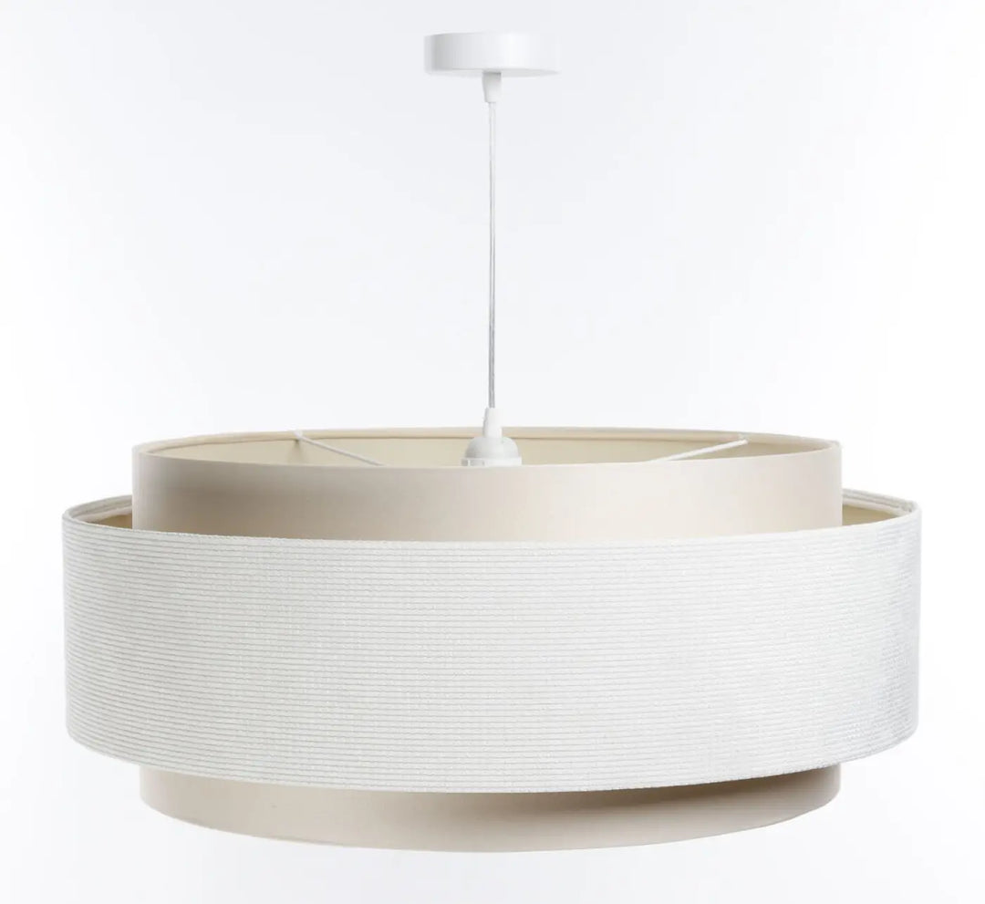 Suspension luminaire moderne doblo classic tissu crème avec double abat-jour texturé blanc et anneau beige lisse
