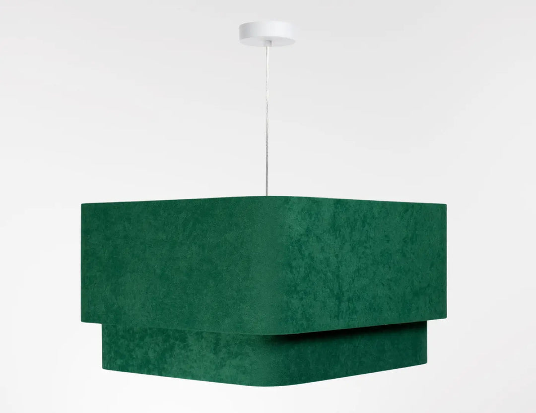 Suspension luminaire moderne vert en tissu velours texturé émeraude avec design géométrique minimaliste