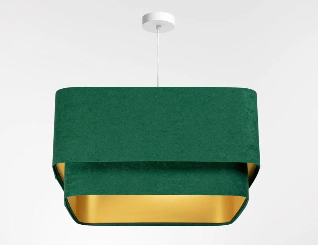 Suspension luminaire moderne kwadro duo velour vert en velours émeraude avec intérieur doré et support plafond blanc