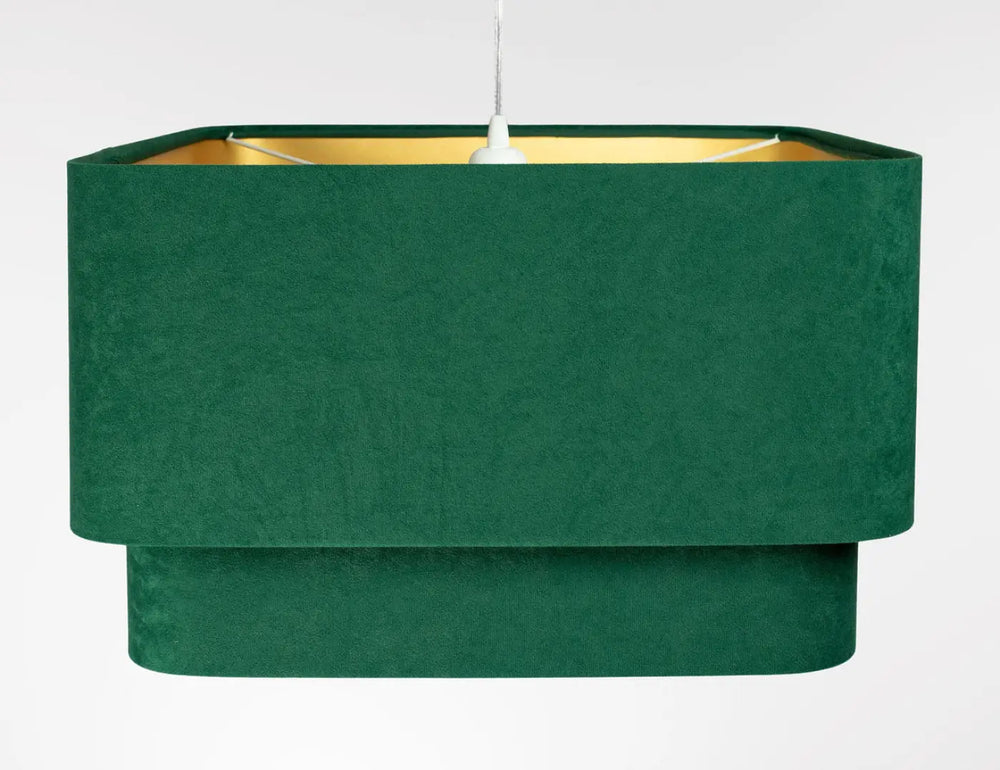 Suspension luminaire moderne vert en velours profond avec intérieur doré et design rectangulaire à étages