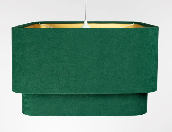 Suspension luminaire moderne vert en velours profond avec intérieur doré et design rectangulaire à étages
