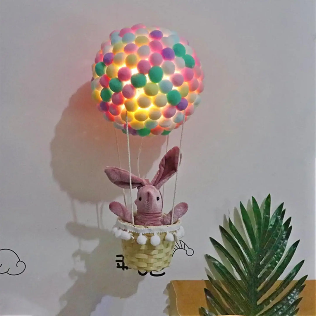 Veilleuse balou suspension luminaire montgolfière pastel à pompons multicolores avec lapin en peluche pour décoration intérieure