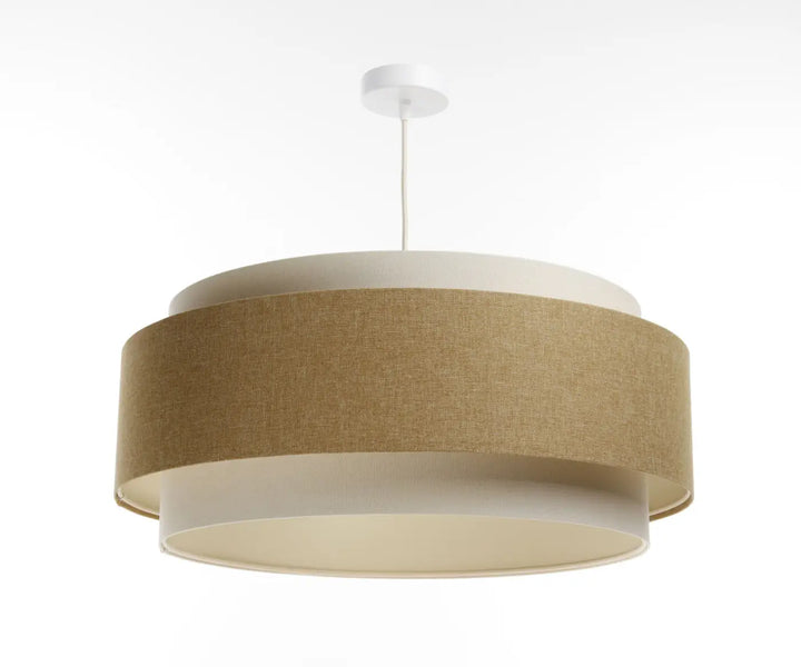 Suspension luminaire doblo boho elegant à deux étages avec abat-jour en tissu beige moutarde texturé et anneaux blancs lisses