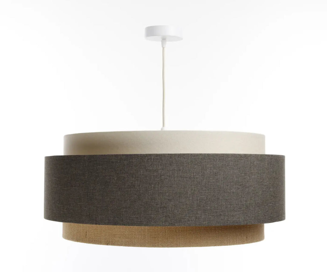 Suspension luminaire doblo boho elegant avec abat-jour en tissu texturé gris charbon moutarde crème et écru