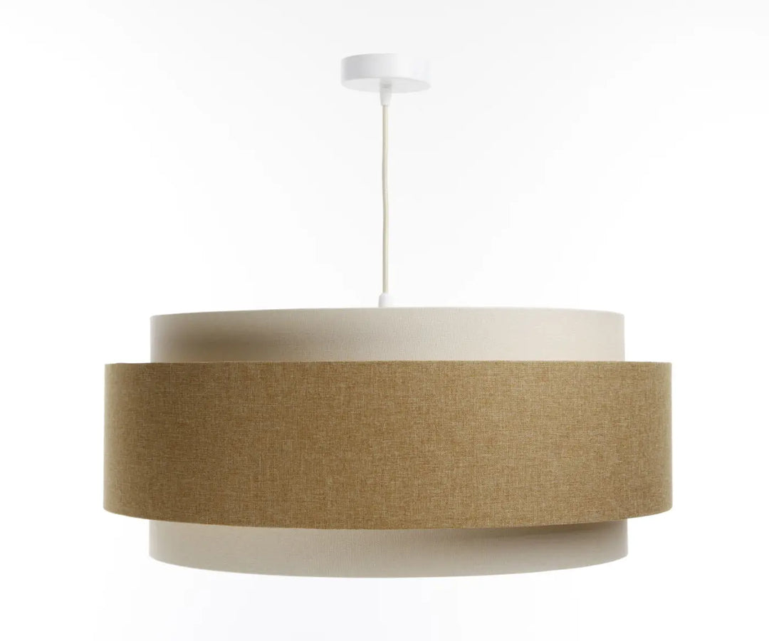 Suspension luminaire doblo boho elegant à deux niveaux avec abat-jour en tissu beige et bande texturée moutarde