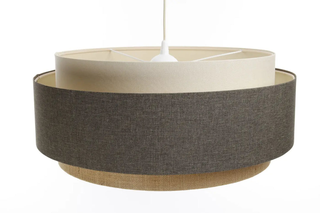 Suspension luminaire doblo boho elegant avec abat-jour texturé gris charbon et base en toile de jute naturelle ecru