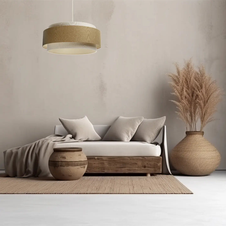 Suspension luminaire doblo boho élégant avec abat-jour cylindrique tissé beige aux couleurs chaleureuses