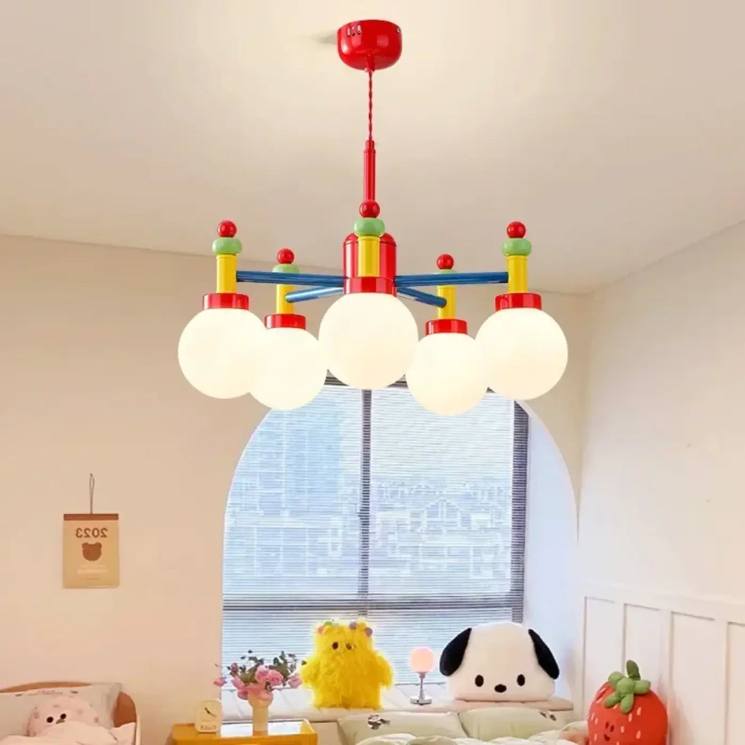Suspension luminaire isaali colorée avec fixture rouge et bras multicolores en 90-260v et globes en verre blanc spherical