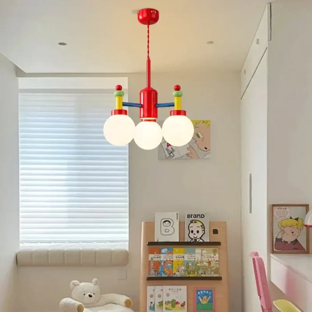 Suspension luminaire isaali avec abat-jour géométrique rouge et jaune et trois ampoules globe blanches 90-260v