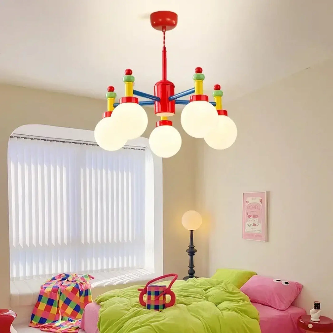 Suspension luminaire isaali rouge et bleu avec accents cylindriques colorés et quatre globes givrés 90-260v