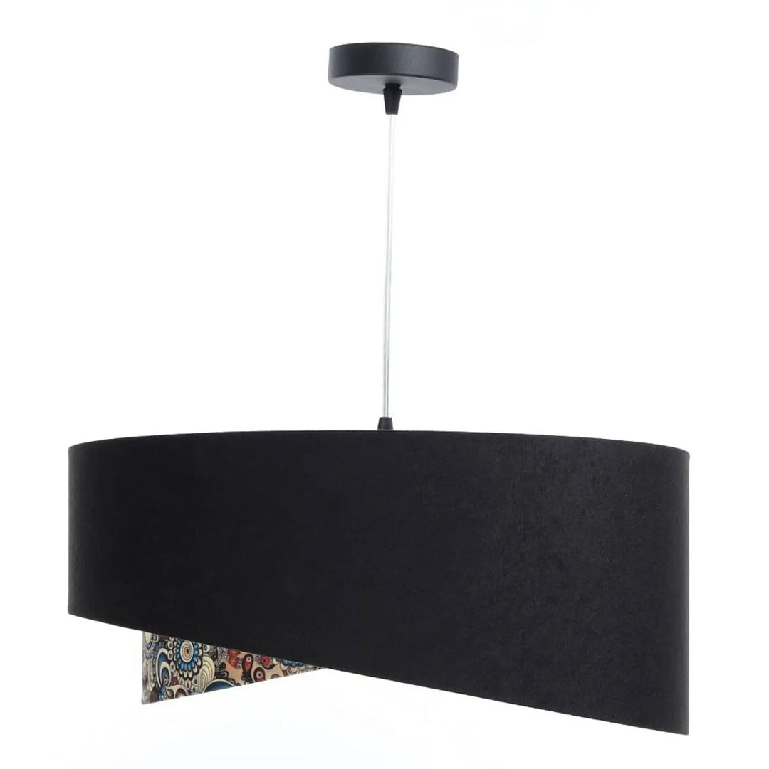 Suspension luminaire galaxy auric multicolore en cylindre noir mat avec motif paisley coloré style velours chic