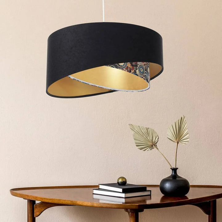 Suspension luminaire galazy auric noir cylindre avec intérieur doré et doublure à motif velours style chic multicolore