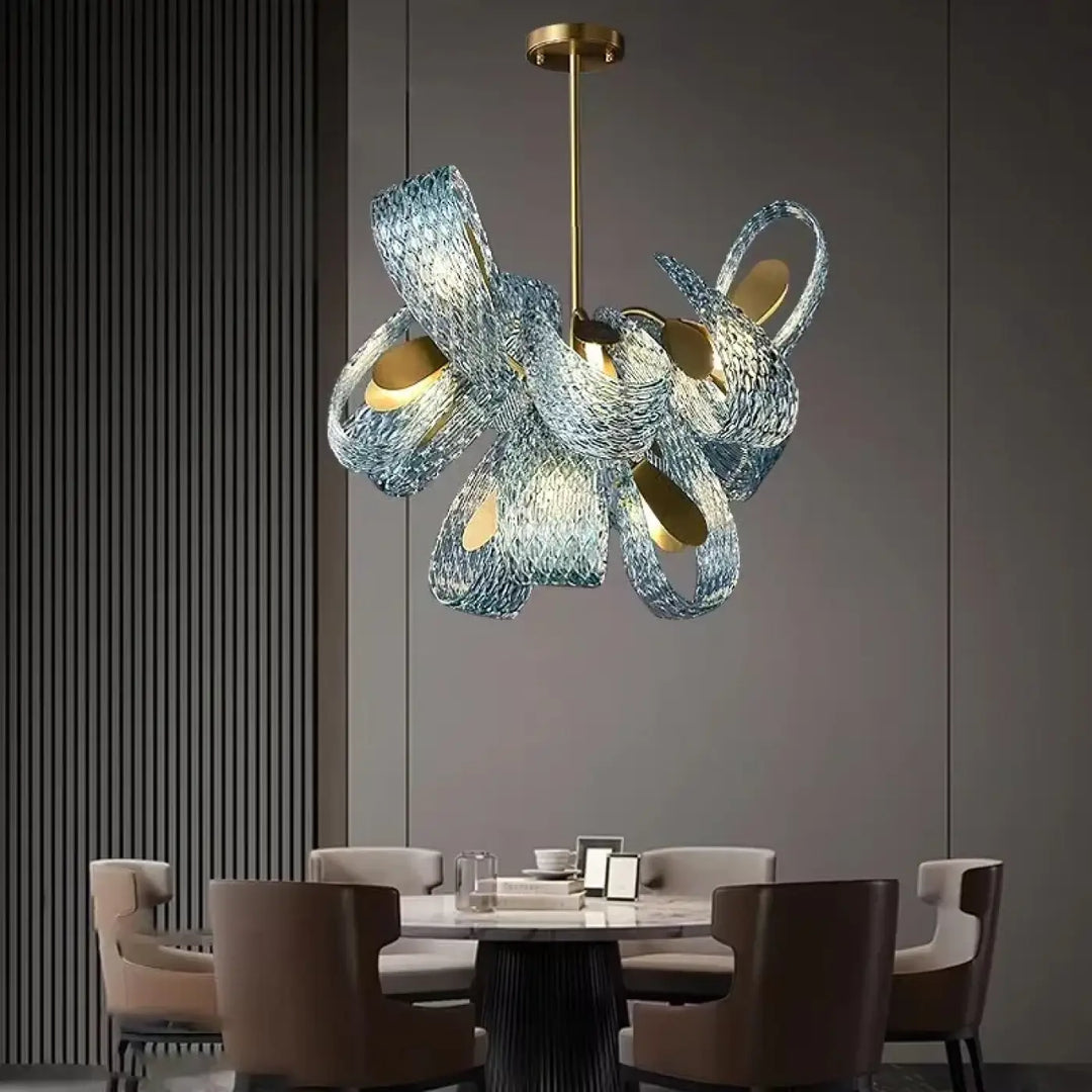 Suspension Luminaire En Nœud Bleu Haut De Gamme Verre Texturé