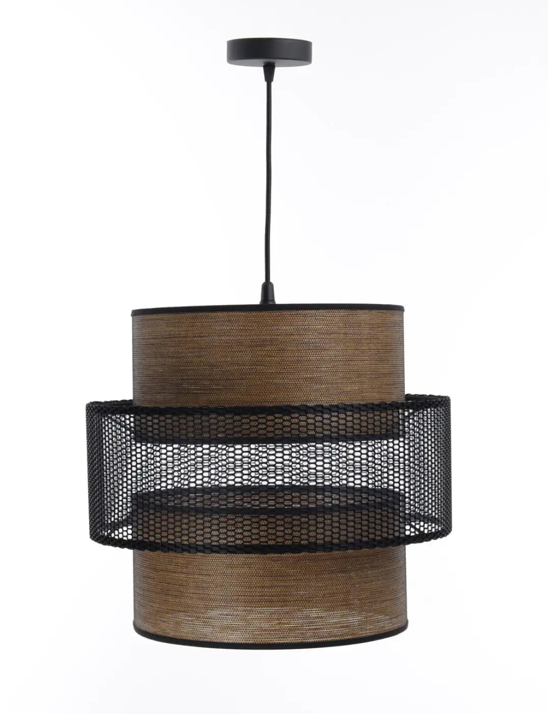 Suspension luminaire noir doblo marron et beige avec tissu tissé et accents en maille pour éclairage intérieur élégant